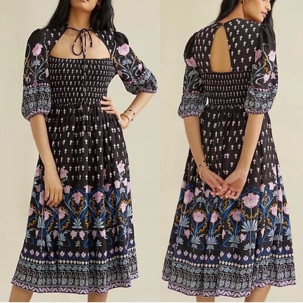 Anthropologie Black Floral Midi Dress